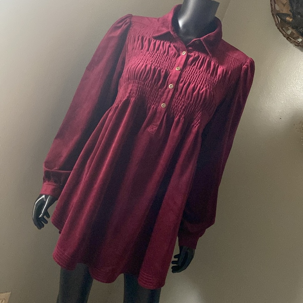 Cato Deep Red Velour Button-Down Shirt